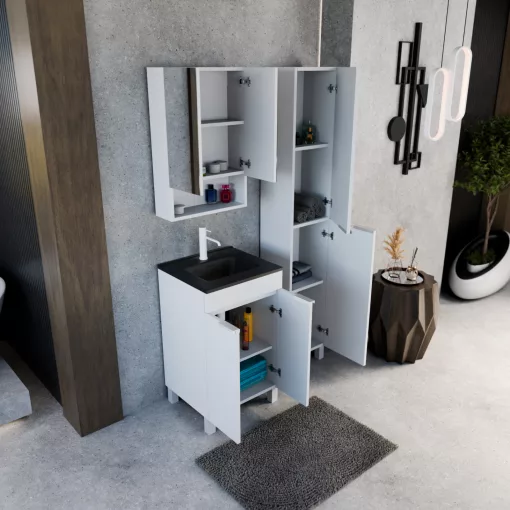 HD Paris Matt White 50 komplett fürdőszoba bútor szett álló mosdószekrénnyel, matt fehér elemekkel, matt fekete slim mosdóval, tükrös szekrénnyel és magasszekrénnyel