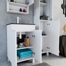 HD Paris Matt White 50 komplett fürdőszoba bútor szett álló mosdószekrénnyel, matt fehér elemekkel, matt fekete slim mosdóval, tükrös szekrénnyel és magasszekrénnyel