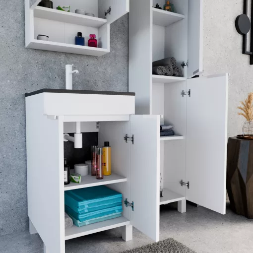 HD Paris Matt White 50 komplett fürdőszoba bútor szett álló mosdószekrénnyel, matt fehér elemekkel, matt fekete slim mosdóval, tükrös szekrénnyel és magasszekrénnyel