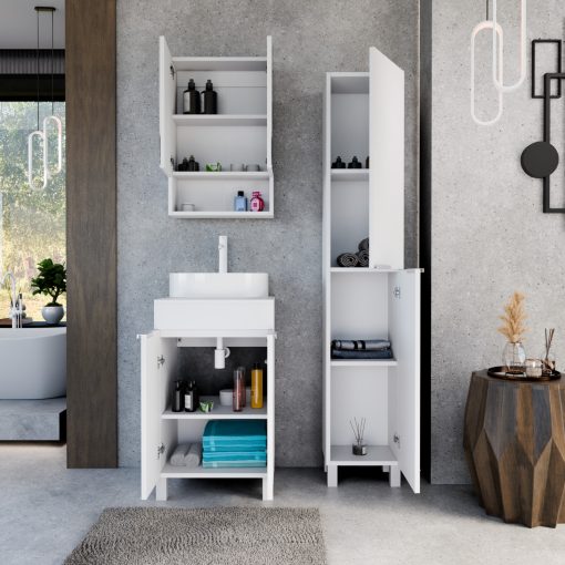 HD Paris Matt White 50 komplett fürdőszoba bútor álló mosdószekrénnyel, matt fehér elemekkel, matt fehér mosdópulttal és tükrös szekrénnyel