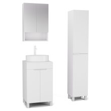 HD Paris Matt White 50 komplett fürdőszoba bútor szett álló mosdószekrénnyel, matt fehér elemekkel, matt fehér mosdópulttal, tükrös szekrénnyel és magasszekrénnyel