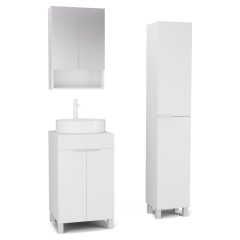   HD Paris Matt White 50 komplett fürdőszoba bútor szett álló mosdószekrénnyel, matt fehér elemekkel, matt fehér mosdópulttal, tükrös szekrénnyel és magasszekrénnyel