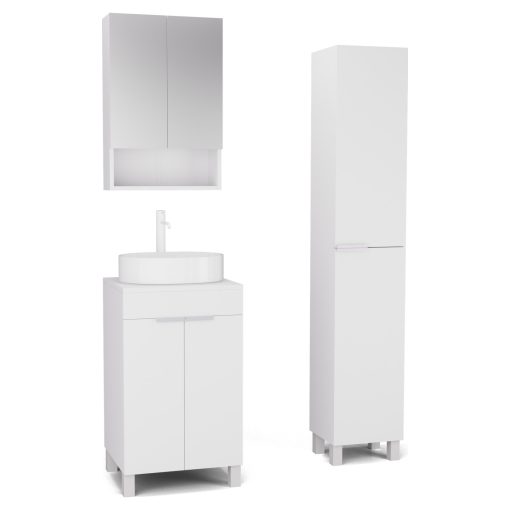 HD Paris Matt White 50 komplett fürdőszoba bútor szett álló mosdószekrénnyel, matt fehér elemekkel, matt fehér mosdópulttal, tükrös szekrénnyel és magasszekrénnyel