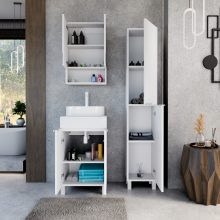 HD Paris Matt White 50 komplett fürdőszoba bútor szett álló mosdószekrénnyel, matt fehér elemekkel, matt fehér mosdópulttal, tükrös szekrénnyel és magasszekrénnyel