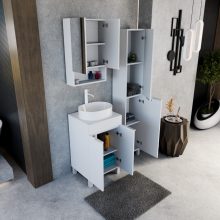 HD Paris Matt White 50 komplett fürdőszoba bútor szett álló mosdószekrénnyel, matt fehér elemekkel, matt fehér mosdópulttal, tükrös szekrénnyel és magasszekrénnyel