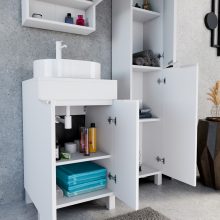 HD Paris Matt White 50 komplett fürdőszoba bútor szett álló mosdószekrénnyel, matt fehér elemekkel, matt fehér mosdópulttal, tükrös szekrénnyel és magasszekrénnyel