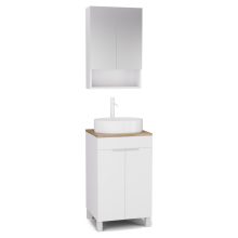 HD Paris Matt White 50 komplett fürdőszoba bútor álló mosdószekrénnyel, matt fehér elemekkel, tölgyfa színű mosdópulttal és tükrös szekrénnyel