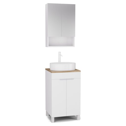 HD Paris Matt White 50 komplett fürdőszoba bútor álló mosdószekrénnyel, matt fehér elemekkel, tölgyfa színű mosdópulttal és tükrös szekrénnyel