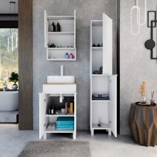 HD Paris Matt White 50 komplett fürdőszoba bútor álló mosdószekrénnyel, matt fehér elemekkel, tölgyfa színű mosdópulttal és tükrös szekrénnyel