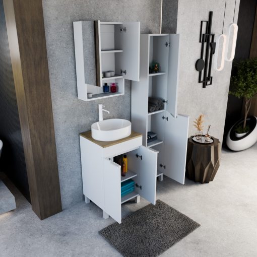 HD Paris Matt White 50 komplett fürdőszoba bútor álló mosdószekrénnyel, matt fehér elemekkel, tölgyfa színű mosdópulttal és tükrös szekrénnyel