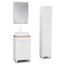 HD Paris Matt White 50 komplett fürdőszoba bútor szett álló mosdószekrénnyel, matt fehér elemekkel, tölgyfa színű mosdópulttal, tükrös szekrénnyel és magasszekrénnyel