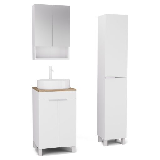 HD Paris Matt White 50 komplett fürdőszoba bútor szett álló mosdószekrénnyel, matt fehér elemekkel, tölgyfa színű mosdópulttal, tükrös szekrénnyel és magasszekrénnyel