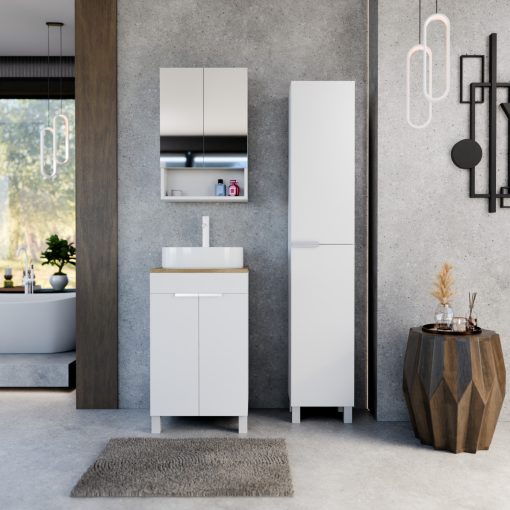 HD Paris Matt White 50 komplett fürdőszoba bútor szett álló mosdószekrénnyel, matt fehér elemekkel, tölgyfa színű mosdópulttal, tükrös szekrénnyel és magasszekrénnyel