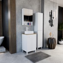 HD Paris Matt White 50 komplett fürdőszoba bútor szett álló mosdószekrénnyel, matt fehér elemekkel, tölgyfa színű mosdópulttal, tükrös szekrénnyel és magasszekrénnyel