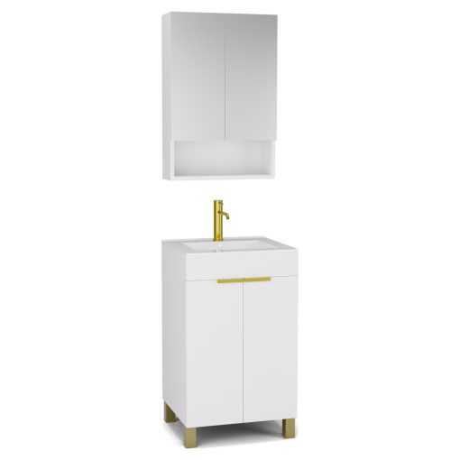 HD Paris Matt White 50 komplett fürdőszoba bútor álló mosdószekrénnyel, szálcsiszolt arany elemekkel, fényes fehér slim mosdóval és tükrös szekrénnyel