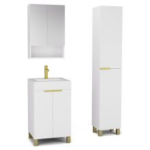 HD Paris Matt White 50 komplett fürdőszoba bútor szett álló mosdószekrénnyel, szálcsiszolt arany elemekkel, fényes fehér slim mosdóval, tükrös szekrénnyel és magasszekrénnyel