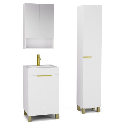 HD Paris Matt White 50 komplett fürdőszoba bútor szett álló mosdószekrénnyel, szálcsiszolt arany elemekkel, fényes fehér slim mosdóval, tükrös szekrénnyel és magasszekrénnyel