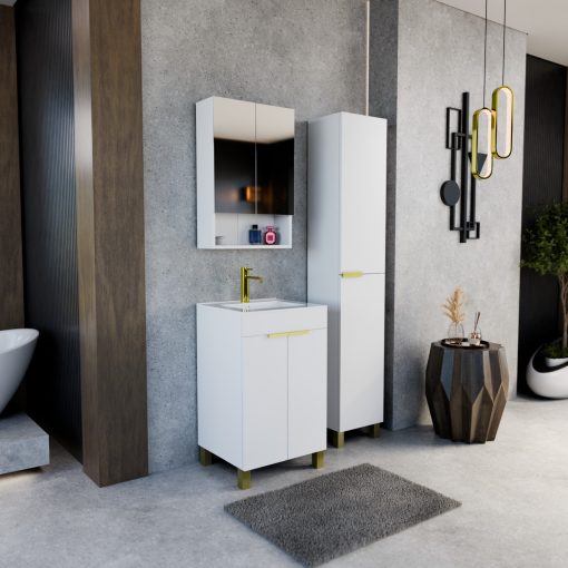 HD Paris Matt White 50 komplett fürdőszoba bútor szett álló mosdószekrénnyel, szálcsiszolt arany elemekkel, fényes fehér slim mosdóval, tükrös szekrénnyel és magasszekrénnyel