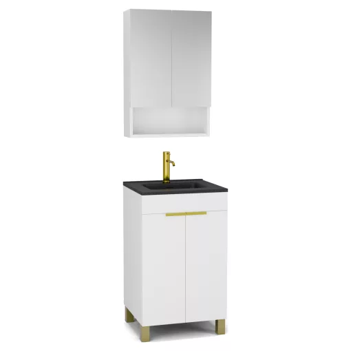 HD Paris Matt White 50 komplett fürdőszoba bútor álló mosdószekrénnyel, szálcsiszolt arany elemekkel, matt fekete slim mosdóval és tükrös szekrénnyel