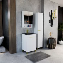 HD Paris Matt White 50 komplett fürdőszoba bútor álló mosdószekrénnyel, szálcsiszolt arany elemekkel, matt fekete slim mosdóval és tükrös szekrénnyel