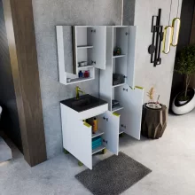 HD Paris Matt White 50 komplett fürdőszoba bútor álló mosdószekrénnyel, szálcsiszolt arany elemekkel, matt fekete slim mosdóval és tükrös szekrénnyel