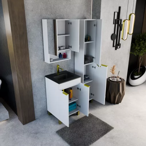 HD Paris Matt White 50 komplett fürdőszoba bútor álló mosdószekrénnyel, szálcsiszolt arany elemekkel, matt fekete slim mosdóval és tükrös szekrénnyel