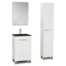 HD Paris Matt White 50 komplett fürdőszoba bútor szett álló mosdószekrénnyel, szálcsiszolt arany elemekkel, matt fekete slim mosdóval, tükrös szekrénnyel és magasszekrénnyel