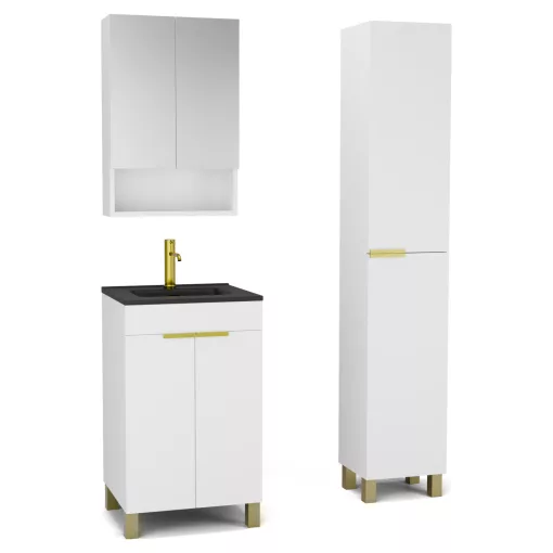HD Paris Matt White 50 komplett fürdőszoba bútor szett álló mosdószekrénnyel, szálcsiszolt arany elemekkel, matt fekete slim mosdóval, tükrös szekrénnyel és magasszekrénnyel