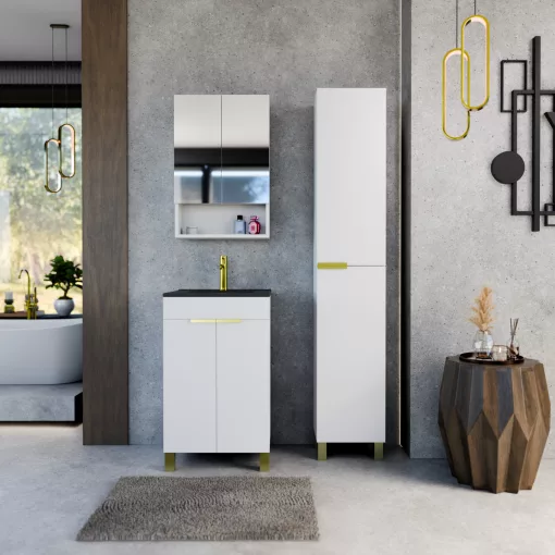 HD Paris Matt White 50 komplett fürdőszoba bútor szett álló mosdószekrénnyel, szálcsiszolt arany elemekkel, matt fekete slim mosdóval, tükrös szekrénnyel és magasszekrénnyel