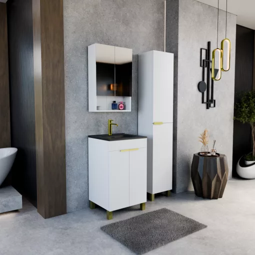 HD Paris Matt White 50 komplett fürdőszoba bútor szett álló mosdószekrénnyel, szálcsiszolt arany elemekkel, matt fekete slim mosdóval, tükrös szekrénnyel és magasszekrénnyel