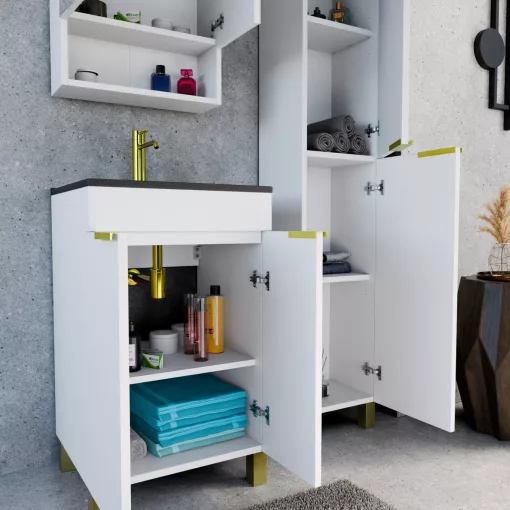 HD Paris Matt White 50 komplett fürdőszoba bútor szett álló mosdószekrénnyel, szálcsiszolt arany elemekkel, matt fekete slim mosdóval, tükrös szekrénnyel és magasszekrénnyel