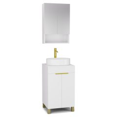   HD Paris Matt White 50 komplett fürdőszoba bútor álló mosdószekrénnyel, szálcsiszolt arany elemekkel, matt fehér mosdópulttal és tükrös szekrénnyel