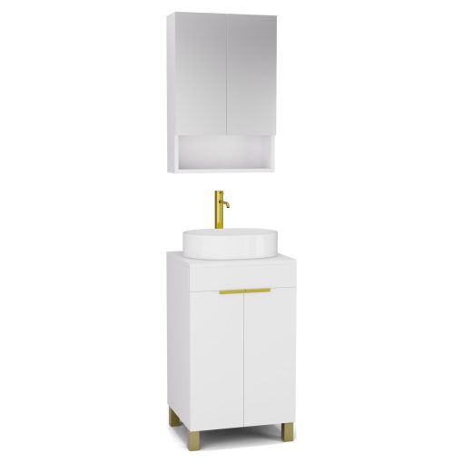 HD Paris Matt White 50 komplett fürdőszoba bútor álló mosdószekrénnyel, szálcsiszolt arany elemekkel, matt fehér mosdópulttal és tükrös szekrénnyel