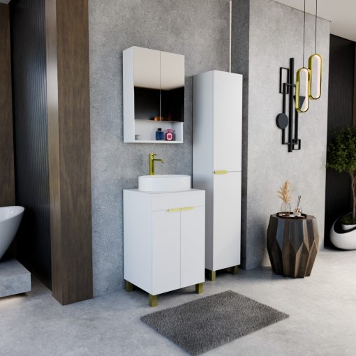 HD Paris Matt White 50 komplett fürdőszoba bútor álló mosdószekrénnyel, szálcsiszolt arany elemekkel, matt fehér mosdópulttal és tükrös szekrénnyel