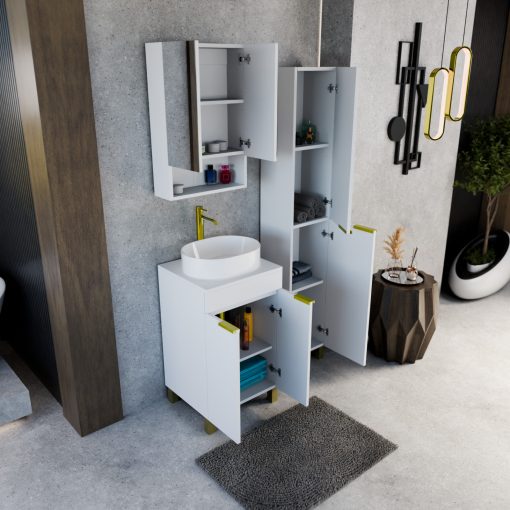 HD Paris Matt White 50 komplett fürdőszoba bútor álló mosdószekrénnyel, szálcsiszolt arany elemekkel, matt fehér mosdópulttal és tükrös szekrénnyel