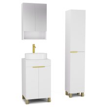 HD Paris Matt White 50 komplett fürdőszoba bútor szett álló mosdószekrénnyel, szálcsiszolt arany elemekkel, matt fehér mosdópulttal, tükrös szekrénnyel és magasszekrénnyel