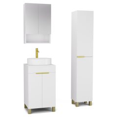   HD Paris Matt White 50 komplett fürdőszoba bútor szett álló mosdószekrénnyel, szálcsiszolt arany elemekkel, matt fehér mosdópulttal, tükrös szekrénnyel és magasszekrénnyel