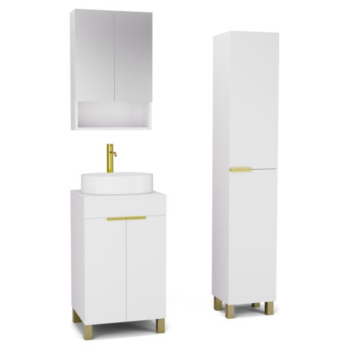 HD Paris Matt White 50 komplett fürdőszoba bútor szett álló mosdószekrénnyel, szálcsiszolt arany elemekkel, matt fehér mosdópulttal, tükrös szekrénnyel és magasszekrénnyel