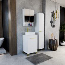 HD Paris Matt White 50 komplett fürdőszoba bútor szett álló mosdószekrénnyel, szálcsiszolt arany elemekkel, matt fehér mosdópulttal, tükrös szekrénnyel és magasszekrénnyel