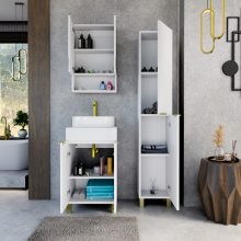 HD Paris Matt White 50 komplett fürdőszoba bútor szett álló mosdószekrénnyel, szálcsiszolt arany elemekkel, matt fehér mosdópulttal, tükrös szekrénnyel és magasszekrénnyel