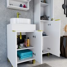 HD Paris Matt White 50 komplett fürdőszoba bútor szett álló mosdószekrénnyel, szálcsiszolt arany elemekkel, matt fehér mosdópulttal, tükrös szekrénnyel és magasszekrénnyel