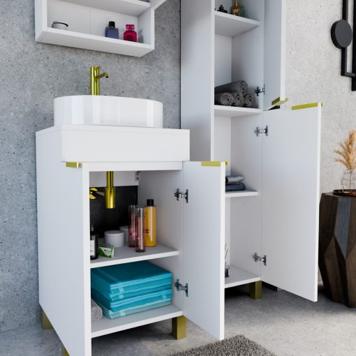 HD Paris Matt White 50 komplett fürdőszoba bútor szett álló mosdószekrénnyel, szálcsiszolt arany elemekkel, matt fehér mosdópulttal, tükrös szekrénnyel és magasszekrénnyel