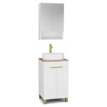 HD Paris Matt White 50 komplett fürdőszoba bútor álló mosdószekrénnyel, szálcsiszolt arany elemekkel, tölgyfa színű mosdópulttal és tükrös szekrénnyel