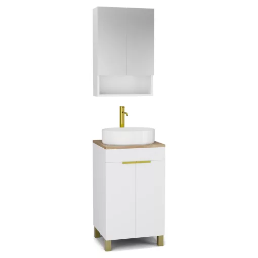 HD Paris Matt White 50 komplett fürdőszoba bútor álló mosdószekrénnyel, szálcsiszolt arany elemekkel, tölgyfa színű mosdópulttal és tükrös szekrénnyel