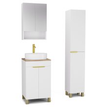 HD Paris Matt White 50 komplett fürdőszoba bútor szett álló mosdószekrénnyel, szálcsiszolt arany elemekkel, tölgyfa színű mosdópulttal, tükrös szekrénnyel és magasszekrénnyel
