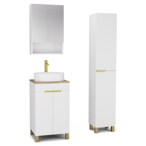 HD Paris Matt White 50 komplett fürdőszoba bútor szett álló mosdószekrénnyel, szálcsiszolt arany elemekkel, tölgyfa színű mosdópulttal, tükrös szekrénnyel és magasszekrénnyel