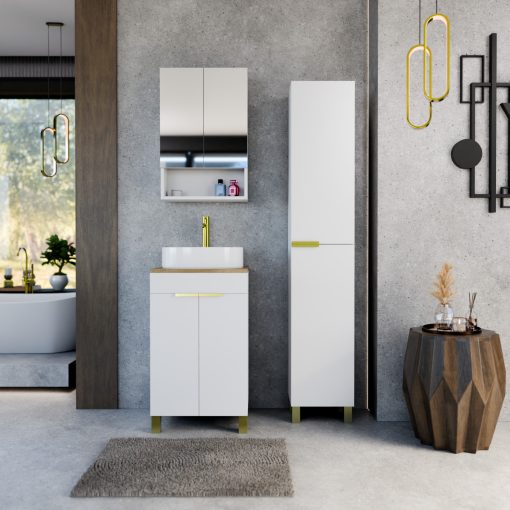 HD Paris Matt White 50 komplett fürdőszoba bútor szett álló mosdószekrénnyel, szálcsiszolt arany elemekkel, tölgyfa színű mosdópulttal, tükrös szekrénnyel és magasszekrénnyel