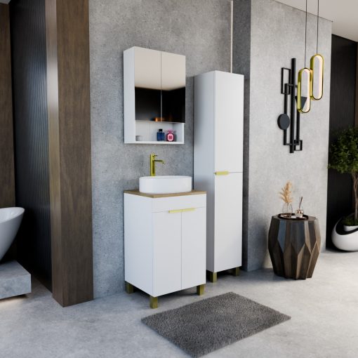 HD Paris Matt White 50 komplett fürdőszoba bútor szett álló mosdószekrénnyel, szálcsiszolt arany elemekkel, tölgyfa színű mosdópulttal, tükrös szekrénnyel és magasszekrénnyel