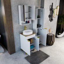 HD Paris Matt White 50 komplett fürdőszoba bútor szett álló mosdószekrénnyel, szálcsiszolt arany elemekkel, tölgyfa színű mosdópulttal, tükrös szekrénnyel és magasszekrénnyel