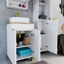 HD Paris Matt White 50 komplett fürdőszoba bútor szett álló mosdószekrénnyel, szálcsiszolt arany elemekkel, tölgyfa színű mosdópulttal, tükrös szekrénnyel és magasszekrénnyel